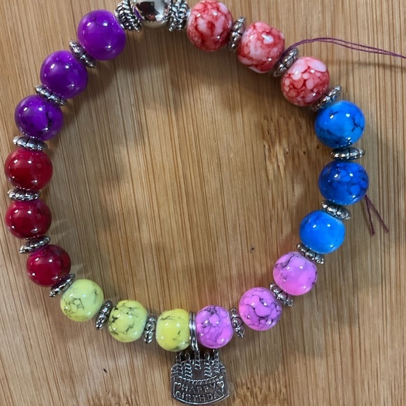 Hand Crafted Charm Bracelet Happy Birthday Pink Blue Yellow Red Amethyst Silver - Picture 5 of 7